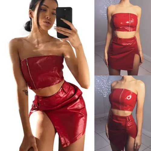 2018 Для женщин 2 шт. Bodycon двух частей Crop Top And Skirt Set Узелок Красный на молнии