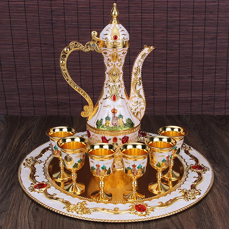 

Continental retro color tin wine glass flagon Russian alloy six glasses suit Home Furnishing hotel decoration wall dies wedding