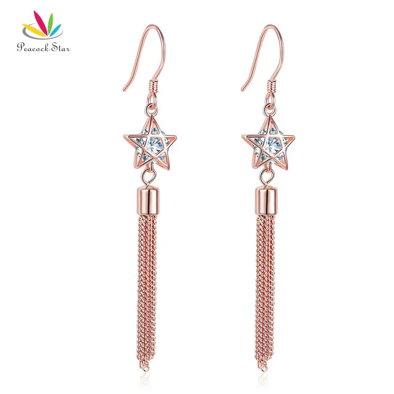 Peacock Star Solid 925 Sterling Silver Dangle Drop Hook Earrings Rose Gold Color Jewelry CFE8144 | Украшения и аксессуары