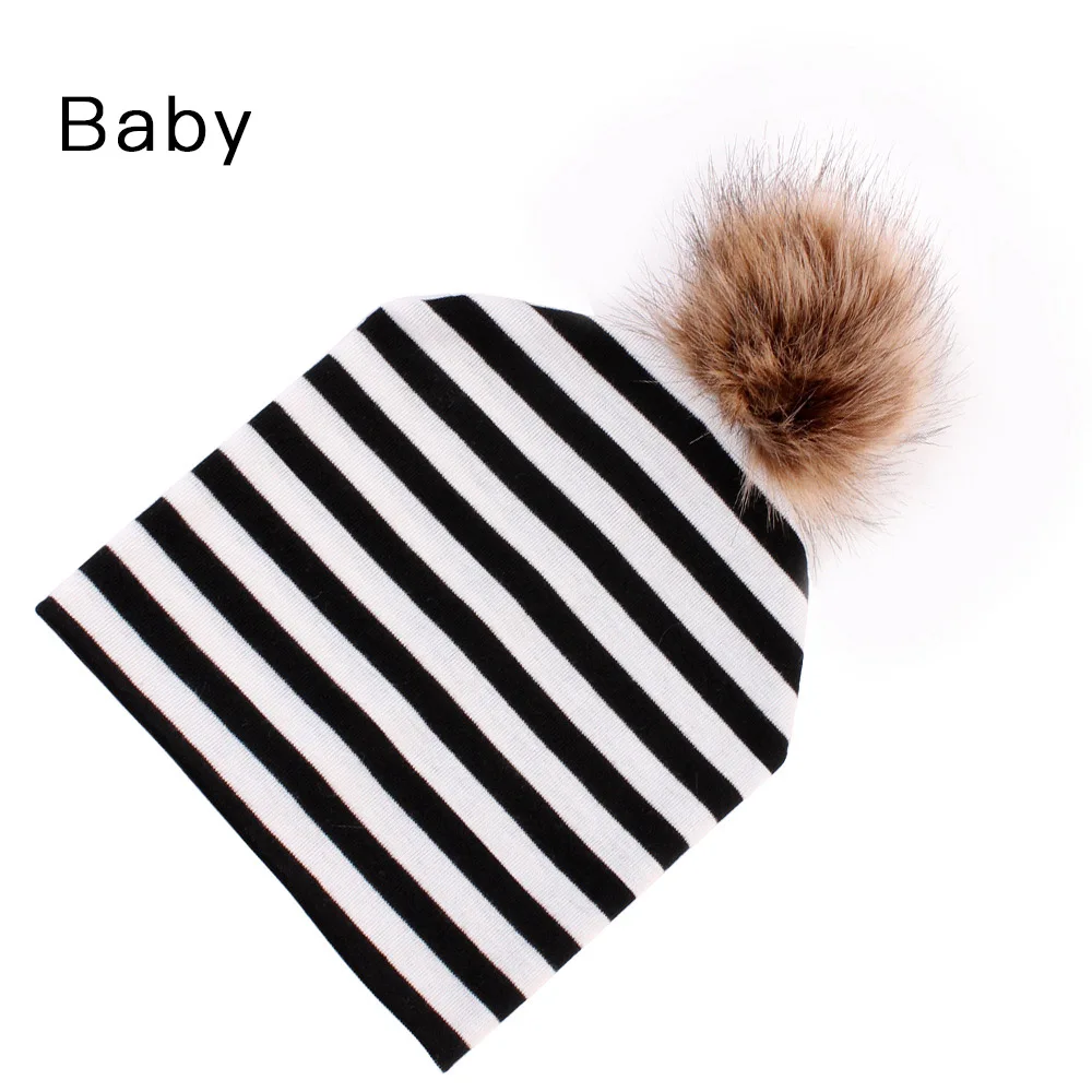 Black Stripe Baby Мама и детская зимняя шапка, теплая хлопковая шапка для женщин и детей, шапка с помпоном из меха норки, шапка с помпоном, подходящая для мамы и меня, шапочки - Цвет: Black Stripe Baby