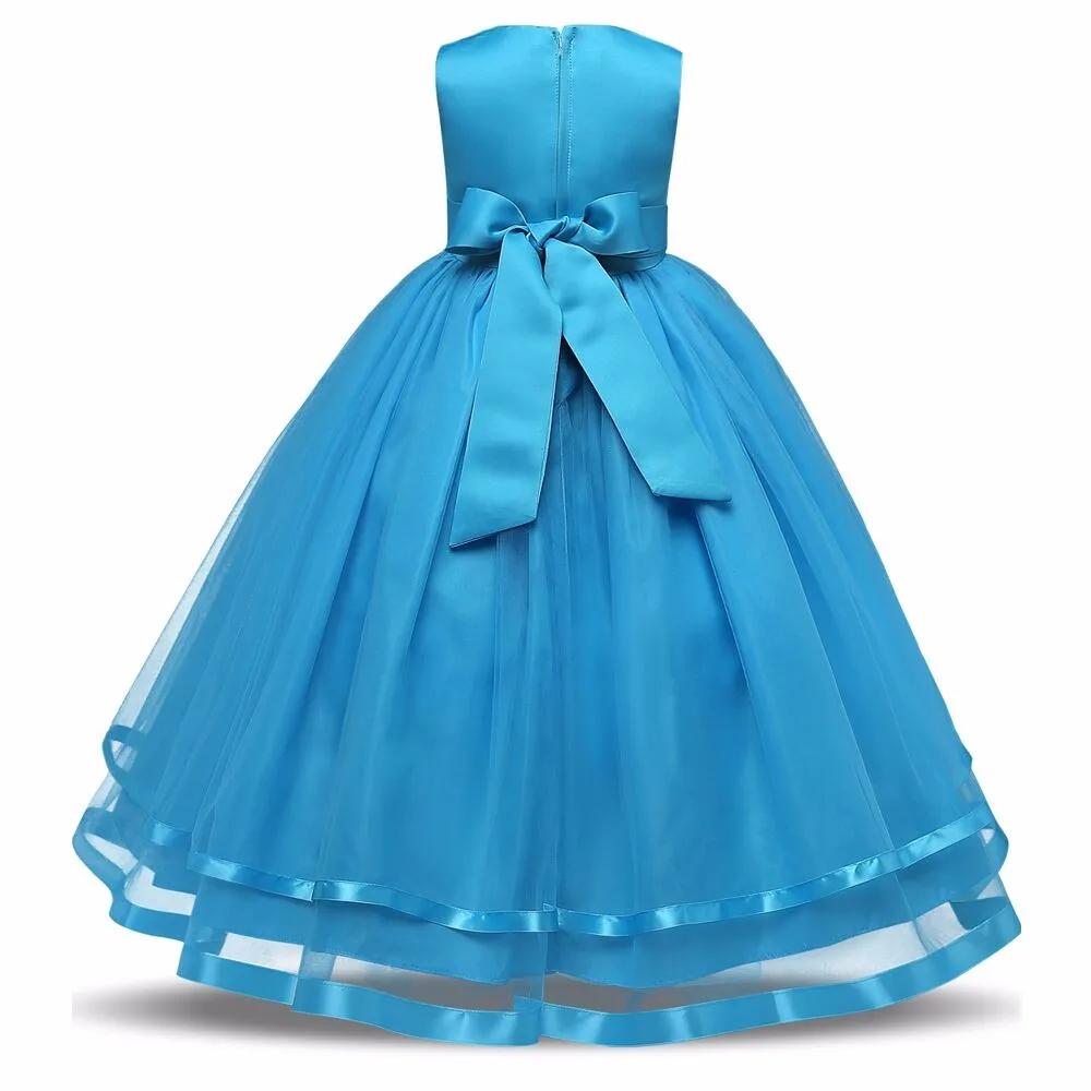 picture blue Ruthshen/модное простое платье с цветочным узором для девочек красное/розовое/фиолетовое/синее/темно-синее свадебное платье для дня рождения, детское бальное платье - Цвет: picture blue