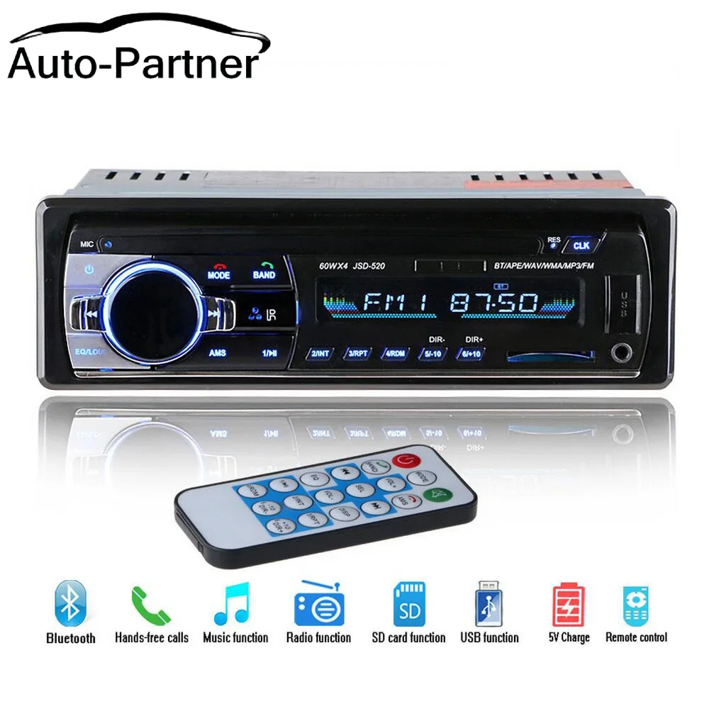 

12V Bluetooth Car Stereo FM Radio MP3 Audio Player 5V Charger USB SD AUX Auto Electronics Subwoofer In-Dash 1 DIN Autoradio