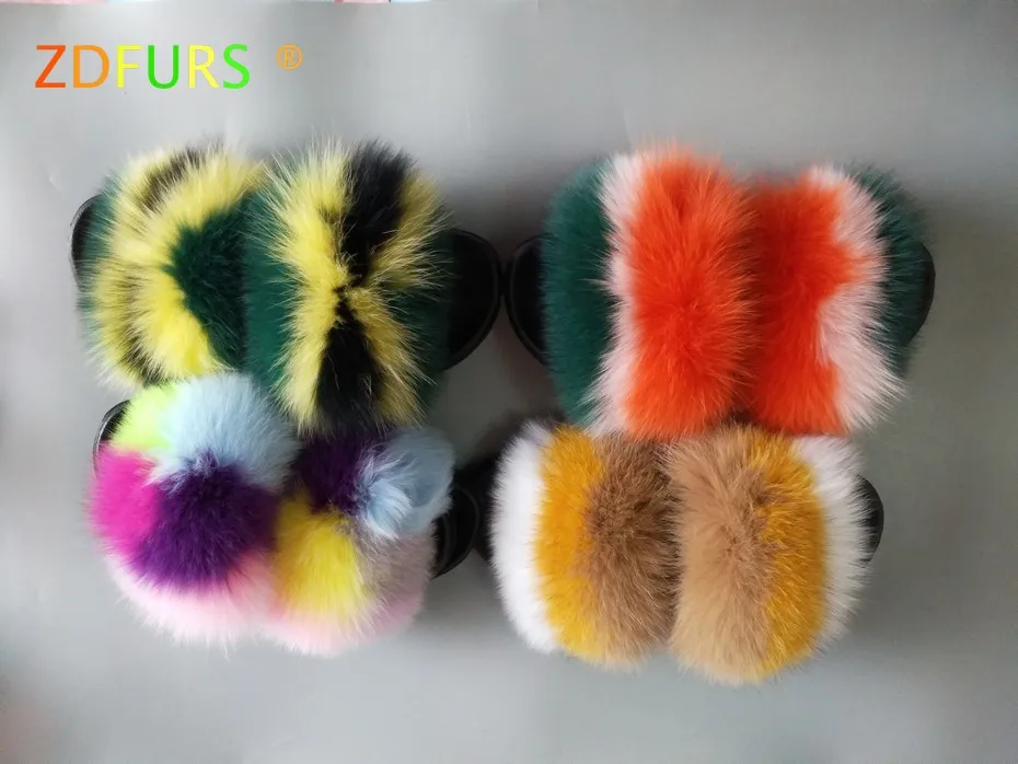 ZDFURS/; Лидер продаж; женские шлепанцы с лисьим мехом; Разноцветные Летние модные шлепанцы; женские меховые домашние Вьетнамки; пляжные сандалии