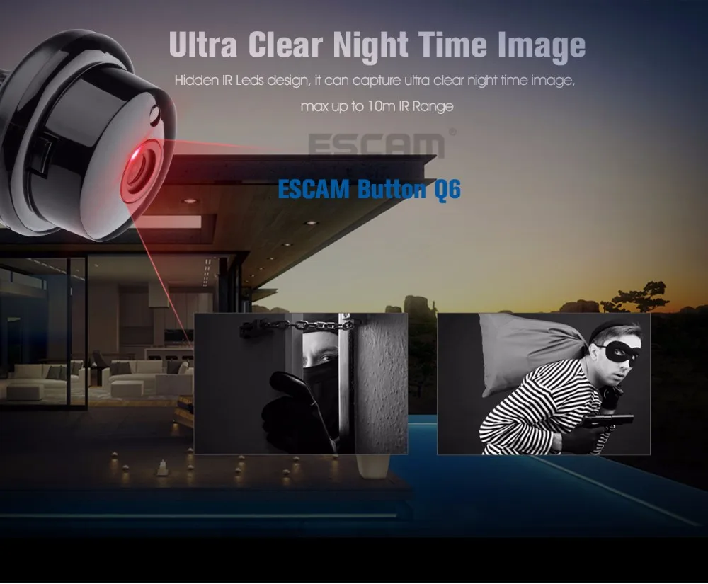 ESCAM Q6 1.0MP Кнопка мини-камера Поддержка Wi-Fi, Двусторонняя голосовая Встроенная TF карта слот, ночное видение домашней безопасности ip-камера