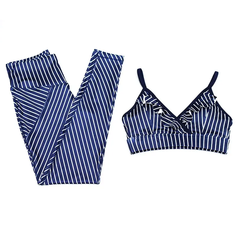 

Hot Women Yoga Suit Crop Tops with Pants Striped Print Strappy V Neck Slim Fit Clothing Set DO2