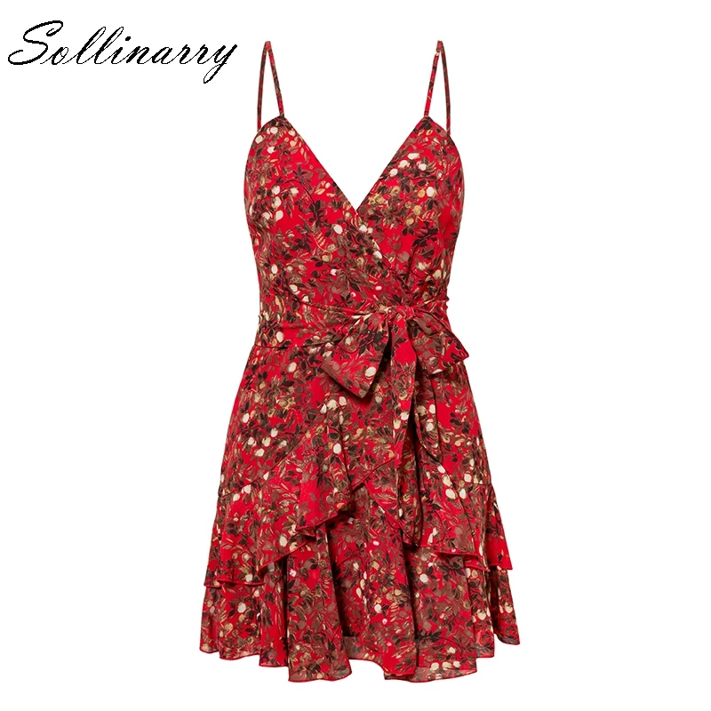 Sollinarry 2019 красное повседневное короткое платье с цветочным рисунком женские