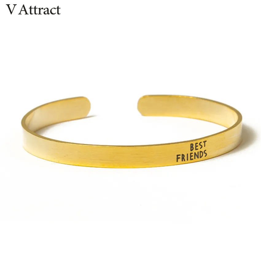 V Attract Friendship Jewelry Stainless Steel Gold Silver Simple Best Friend Letter Cuff Bracelets For Women And Men | Украшения и