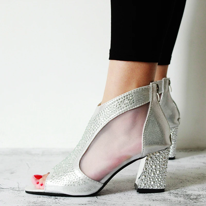 Женские босоножки с блестками 7 см высокий каблук алмаз квадратный кожа для лета |