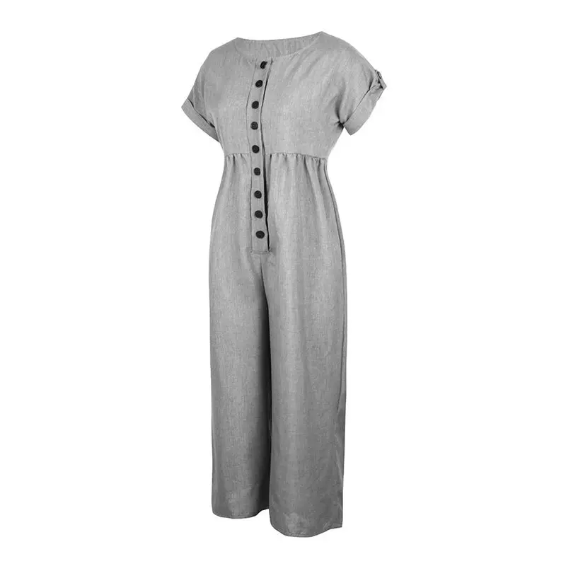 Хлопковый льняной женский комбинезон летний серый повседневные широкие брюки 2019