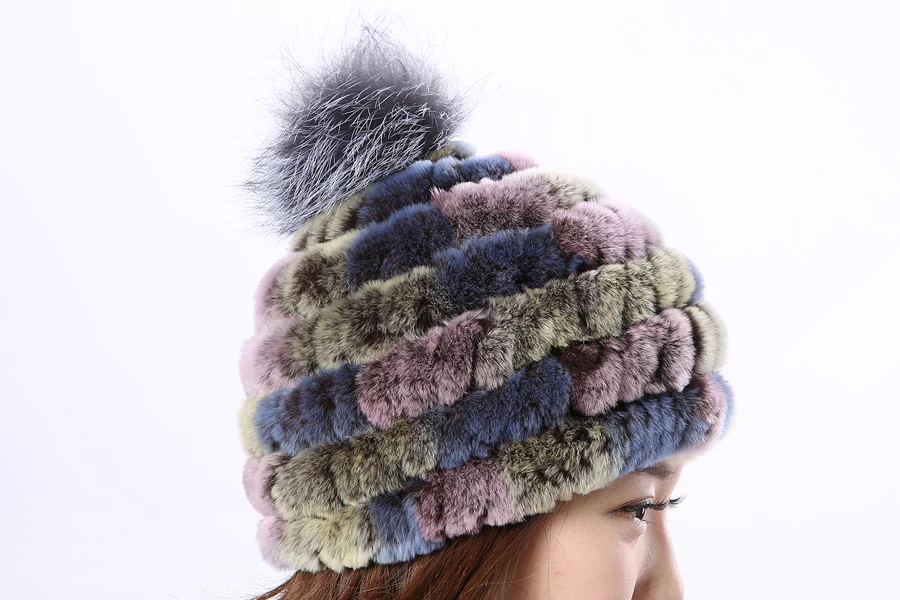 

YCFUR Women Caps Hats Winter Knit Rex Rabbit Fur Beanies Hats Ladies Silver Fox Fur Pompom Hat Cap for Girls