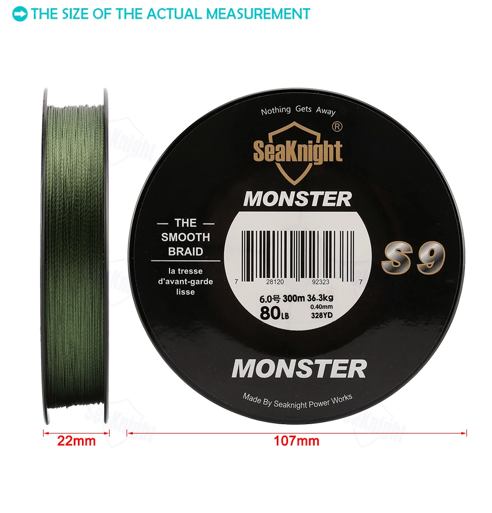 SeaKnight Monster S9 300 м плетеные рыболовные лески, 9 нитей, многофиламентная PE леска, 30 фунтов, 40 фунтов, 50 фунтов, 80 фунтов, 100 фунтов, зеленый, желтый