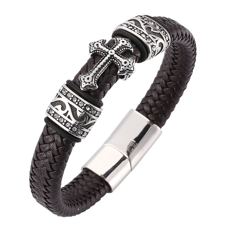 Trendy Cross Bracelet Men Jewelry Brown Braided Leather Handmade Stainless Steel Magnetic Clasps Punk Wristband SP0109|Браслеты с