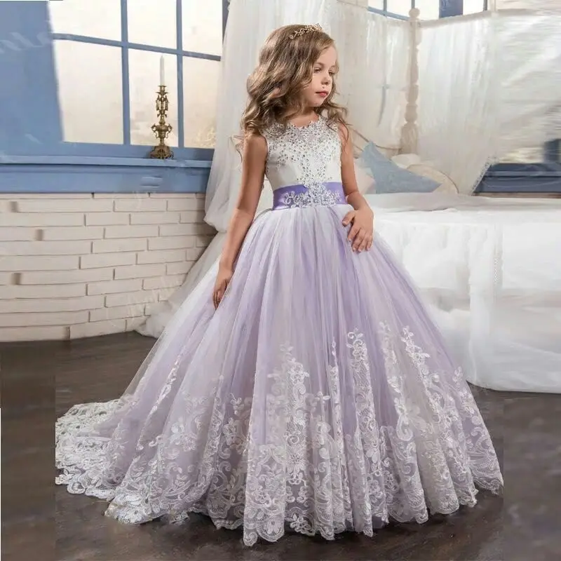 Flower Girl Dresses With Bow Beaded Crystal Lace Up Applique Ball Gown First Communion Dress for Girls Customized Vestidos Longo