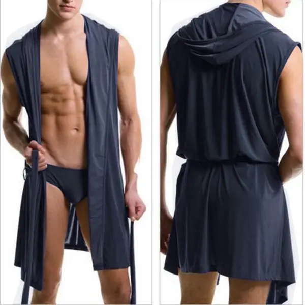 Navy blue Новинка,, шелковистые мужские халаты, удобные повседневные халаты, без рукавов, вискоза, с капюшоном, домашний халат, одежда для сна - Цвет: Navy blue