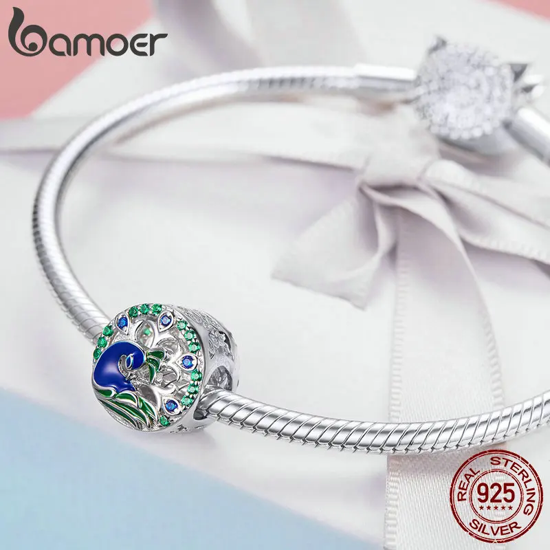 BAMOER Весенняя коллекция, 925 пробы, серебряный, красивый, павлин, красочные CZ бусины, подходят для браслетов, браслеты, DIY ювелирные изделия BSC037