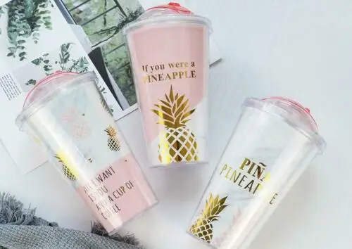 420 мл чашка кружка с двойными Пластик Ананас Дизайн Кофе Waterbottle соломы Тип