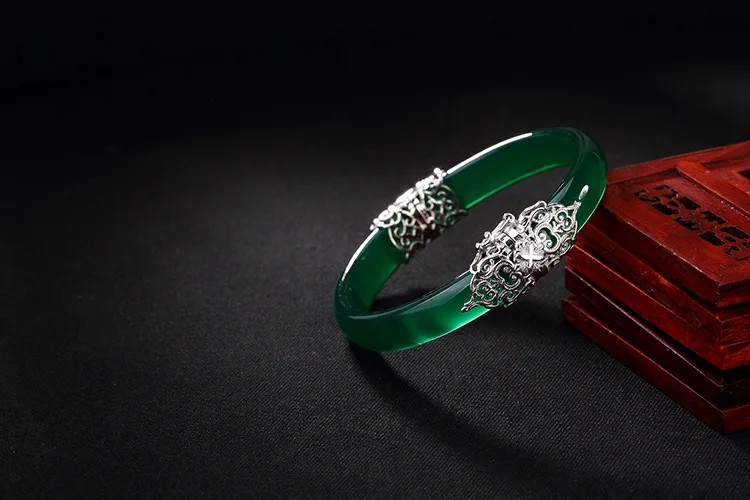 Зеленый Женские браслеты из серебра 925 пробы без угли, халцедон, полудрагоценные браслеты с драгоценными камнями, Винтажные Украшения из нефрита - Цвет камня: Зеленый