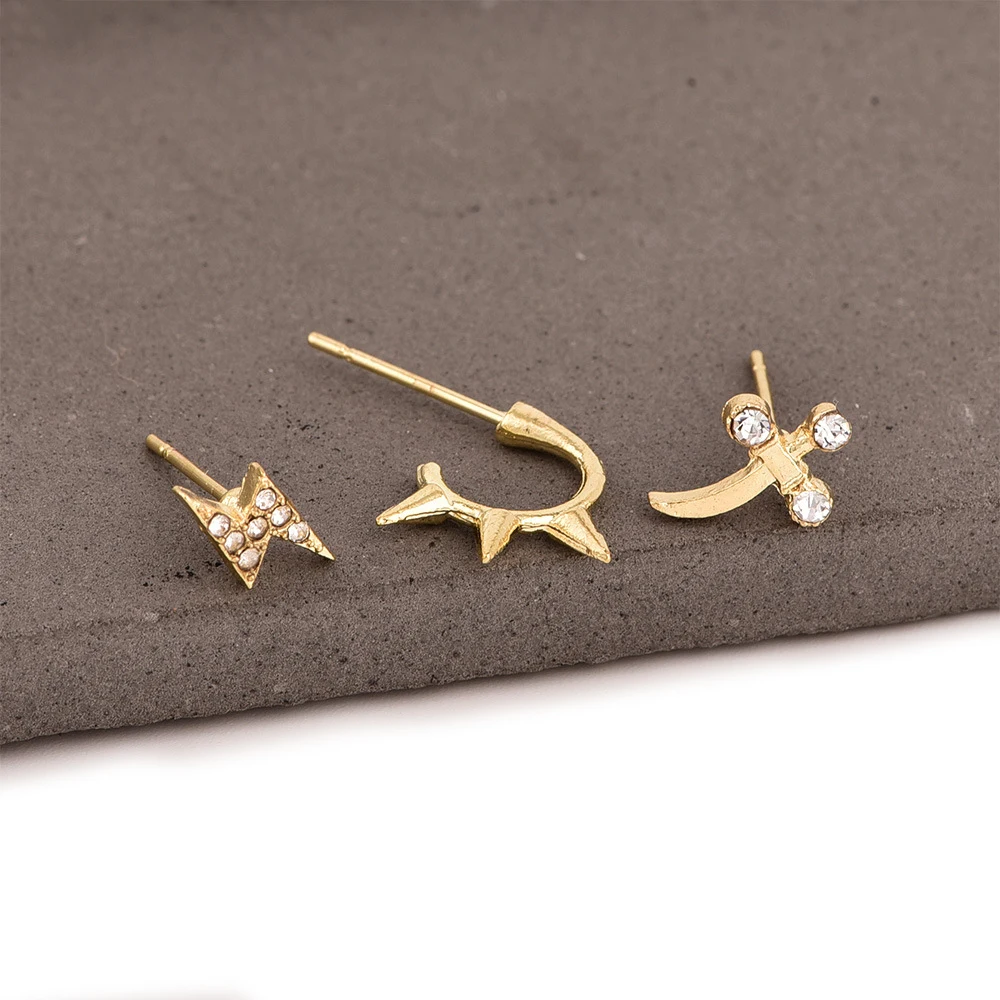 3 Pcs/Set Punk Personality Ladies Charm Lightning Cross Crystal Rhinestone Gold Earrings Wedding Party Jewelry Accessories | Украшения и