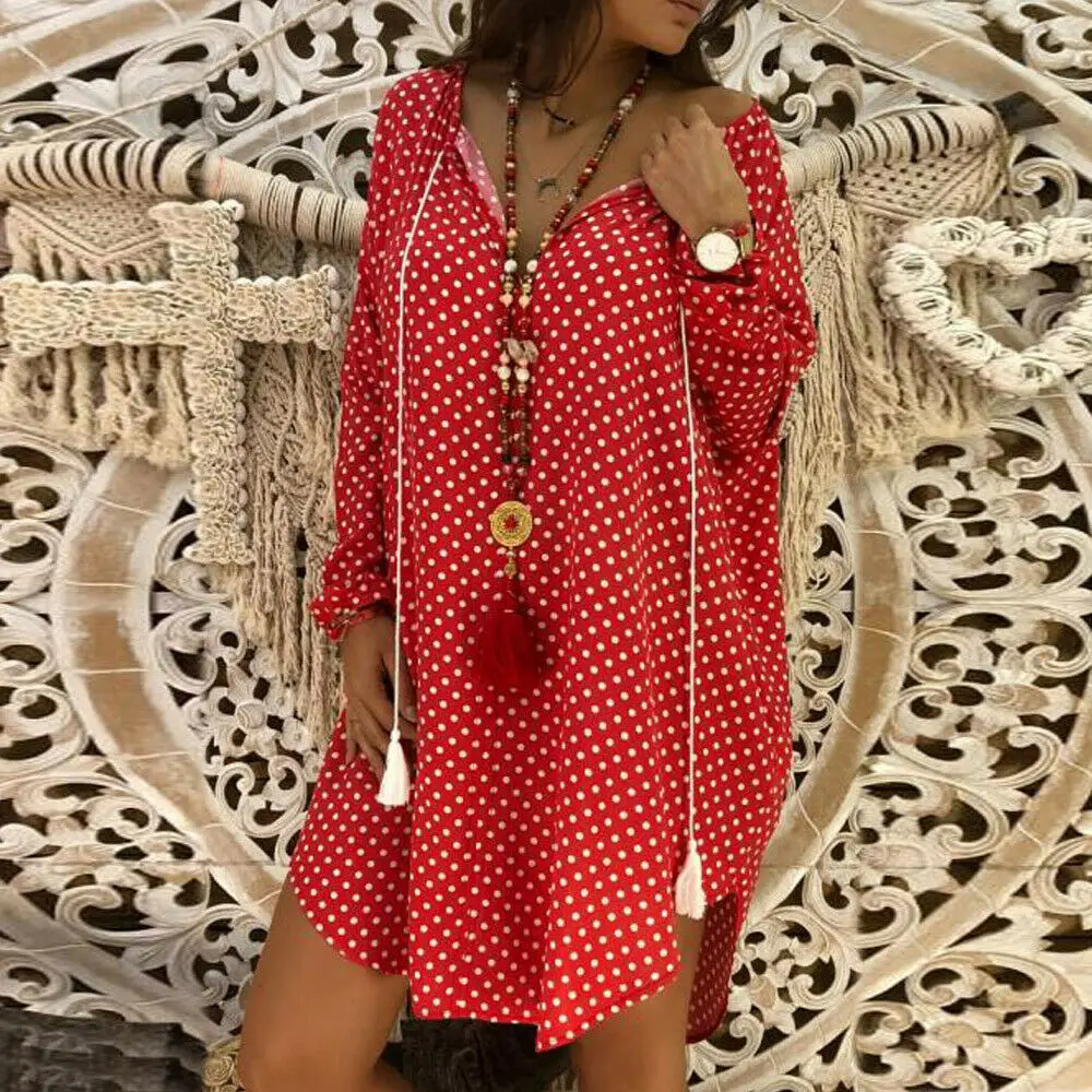 Женское платье с цветочным принтом Boho свободные топы длинным рукавом и v образным