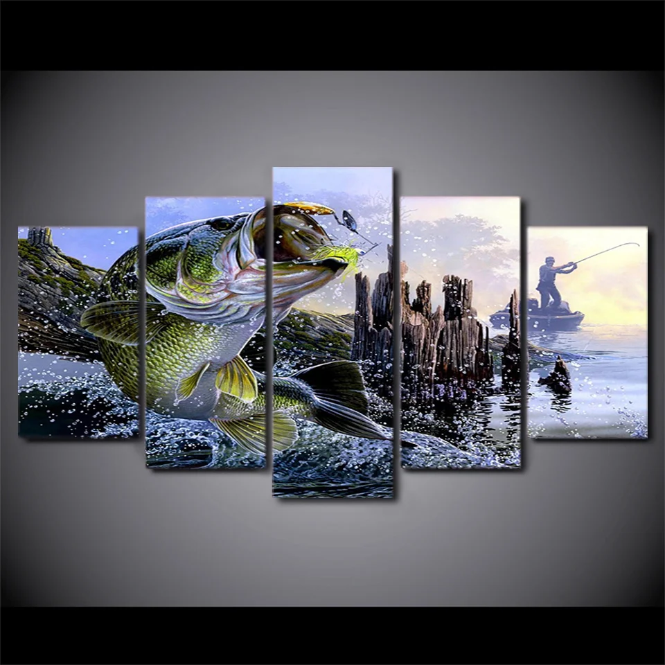 

Canvas Paintings Printed 5 Pieces largemouth bass fishing Wall Art Canvas Pictures For Living Room Bedroom Home Decor PT1062