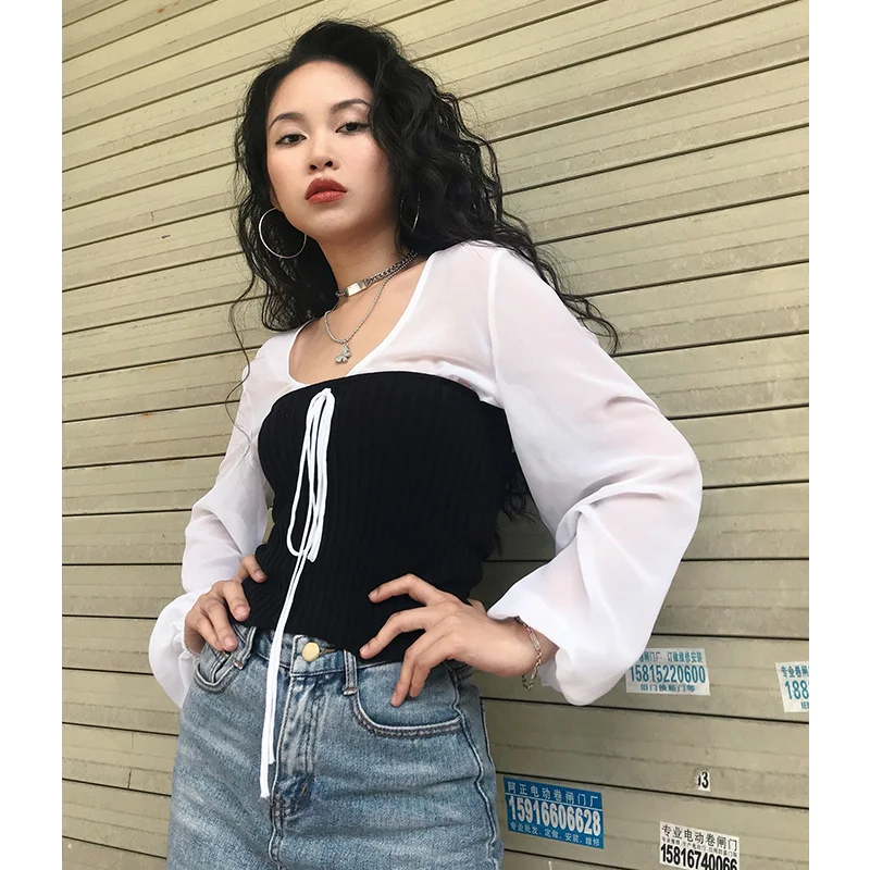 Ретро костюмы для женщин пузырь рукав трикотажная блузка два комплекта