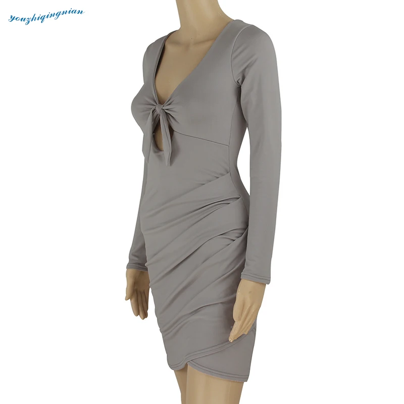 Новое летнее серое сексуальное платье с v образным вырезом и длинными рукавами на