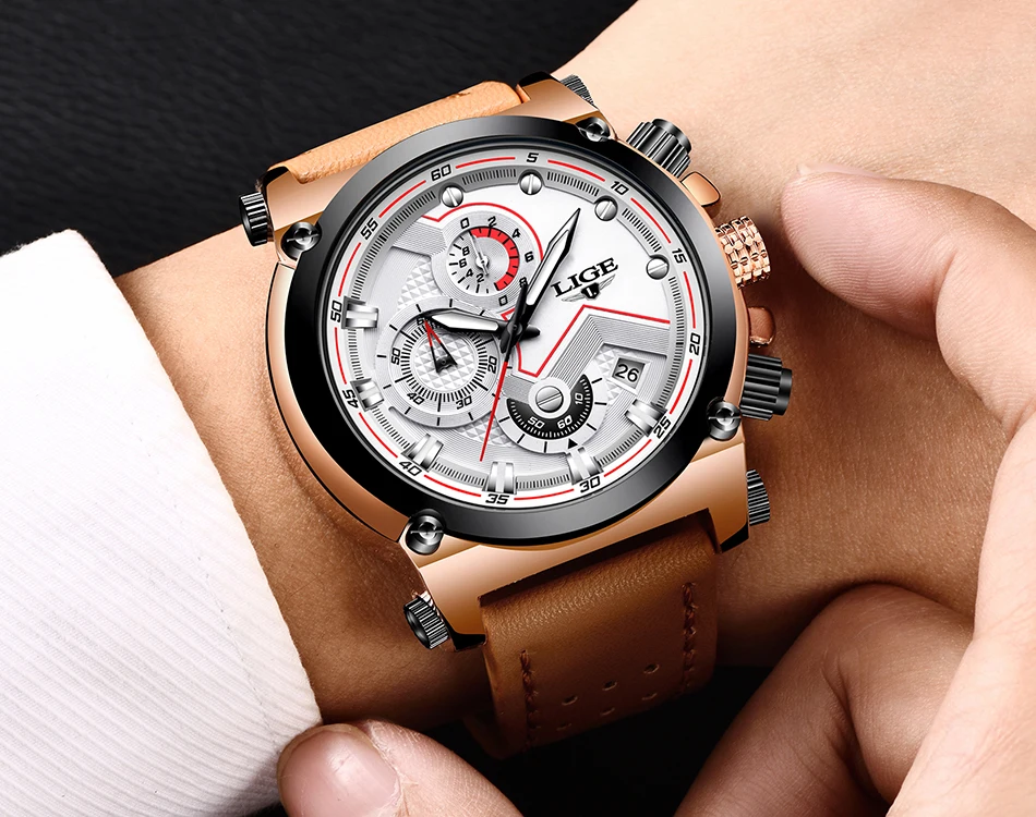 Relojes hombre LIGE Мужские часы от ведущего бренда, роскошные повседневные кварцевые часы, мужские часы с кожаным большим циферблатом, военные водонепроницаемые спортивные часы