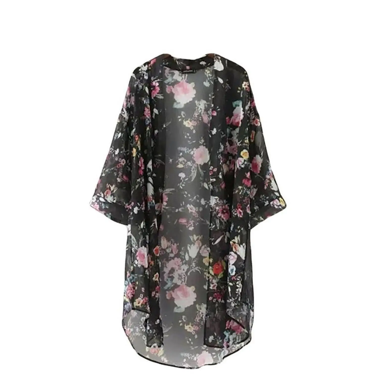 

Summer Women's Sun Protection Clothing Floral Printed Chiffon Kimono Cardigan Shawl Sunscreen Three Quarter Sleeve Long Length
