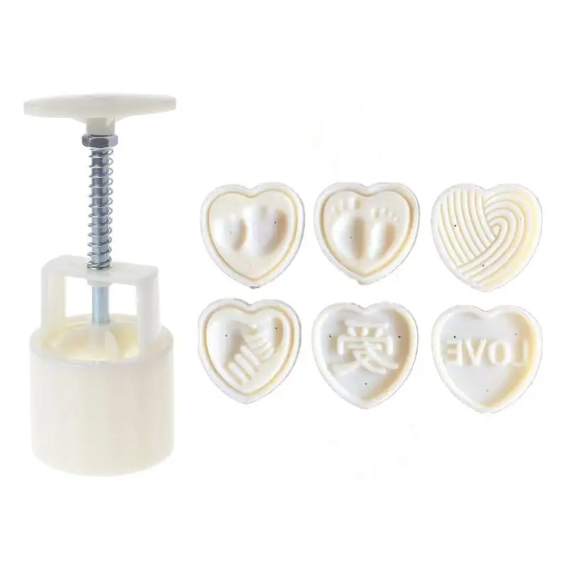 6pcs 3D Heart Stamps Moon Cake Decor Mould Barrel Mooncake Mold 50g Pastry Mooncakes Hand DIY Tool