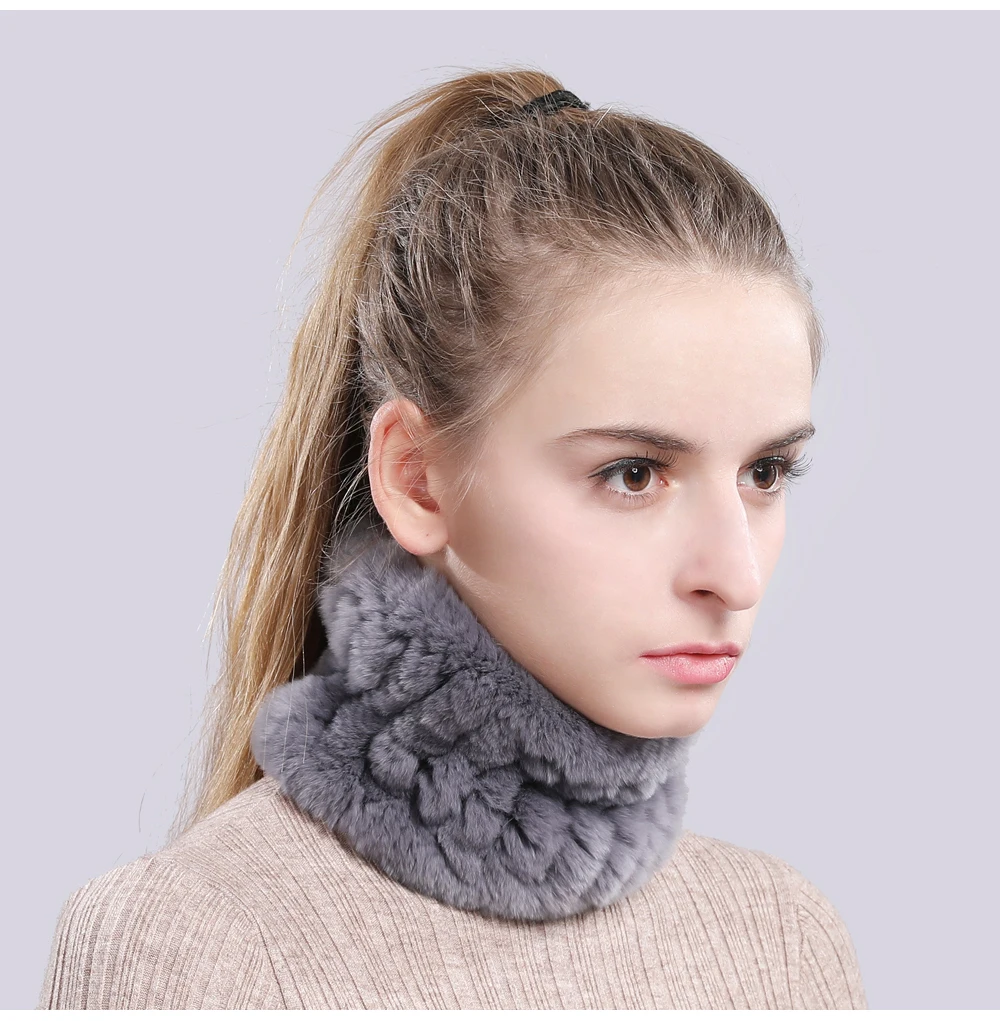 Women Real Fur Handmade Stretch Fur Scarf Knit Genuine Rex Rabbit Fur Headbands Girls Natural Fur Ring Cowl Snood Scarves Winter