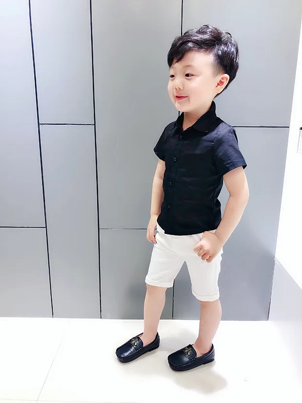 Baby Boy Shirts Summer 2018 Short Sleeve Cotton White for Boys Handsome Wedding Party Gentleman Top England Style |