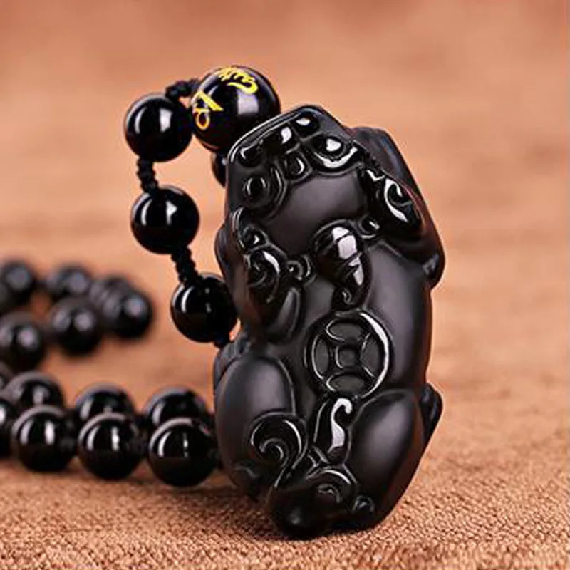 Оптовая продажа натуральный черный обсидиан резная подвеска Pixiu Lucky Amulet ожерелье