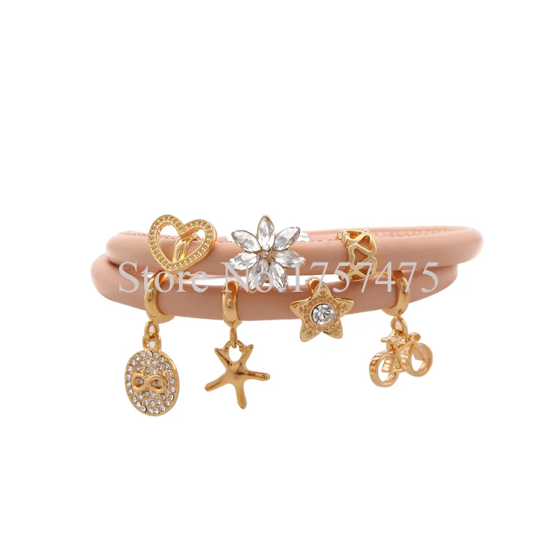 TDIYJ New Design Pink Champagne Story Bracelet with 7pcs Gold Sparkling Charms 40cm Double Layer Genuine Leather |