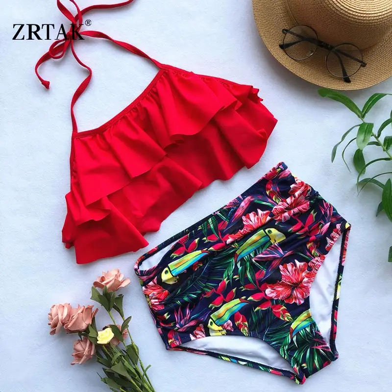 Купальник-бикини Zrtak женский однотонный купальный костюм с цветочными оборками