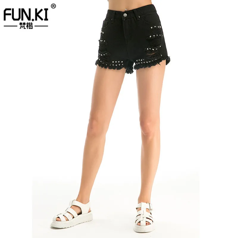 Funki рваные Шорты для женщин Джинсы Для пикантные панк заклепки Соблазнительные