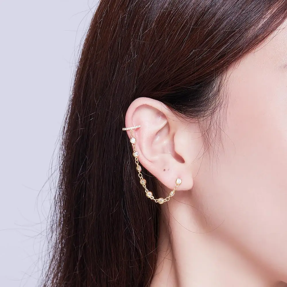 

925 Sterling Silver Ear Cuff Earrings For Women Wave Ear Clip Long Chain Earring Fashion Jewelry