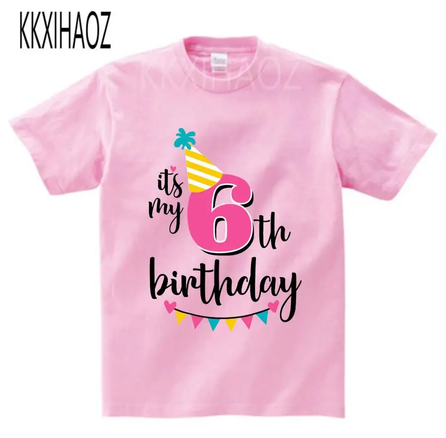 Футболка с надписью «Happy Birthday Number» для девочек 4-6 лет, милая летняя одежда для малышей, Детская футболка с цифрами «забавный подарок на день рождения» для мальчиков, NN - Цвет: pink childreT-shirt
