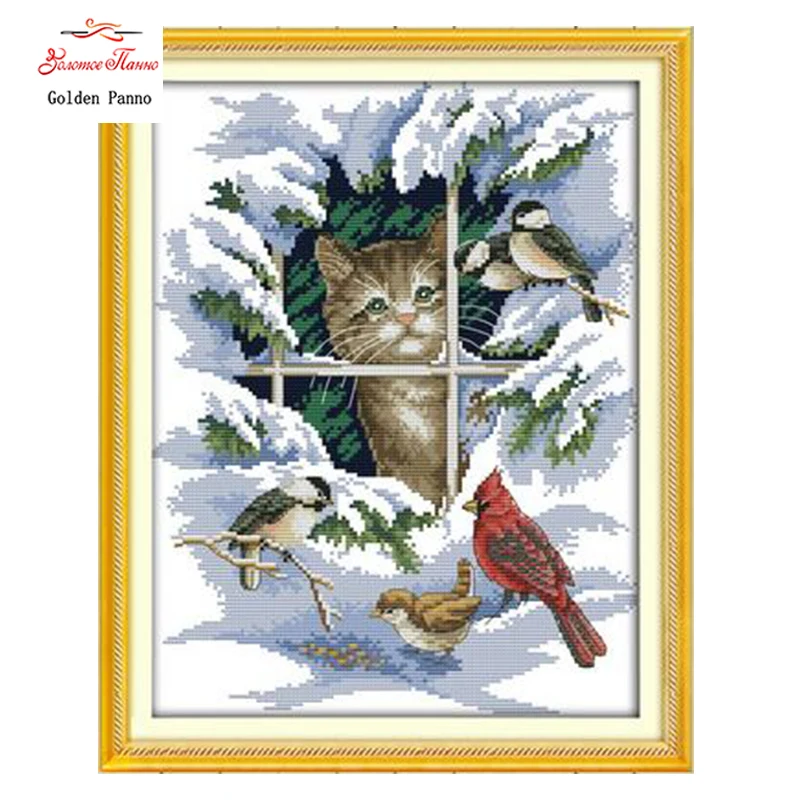 

Golden Panno,14CT 11CT DMC hand made cross stitch kits,snow scenery winter Cat and birds Needlework embroidery Cross Stitch 923