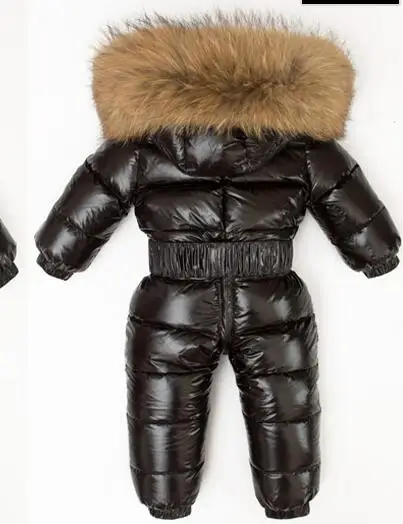black shiny Большой зимний комбинезон с меховым капюшоном для новорожденных; детский зимний комбинезон; Детское пальто; детская зимняя одежда; комбинезон на утином пуху; новогодние костюмы - Цвет: black shiny