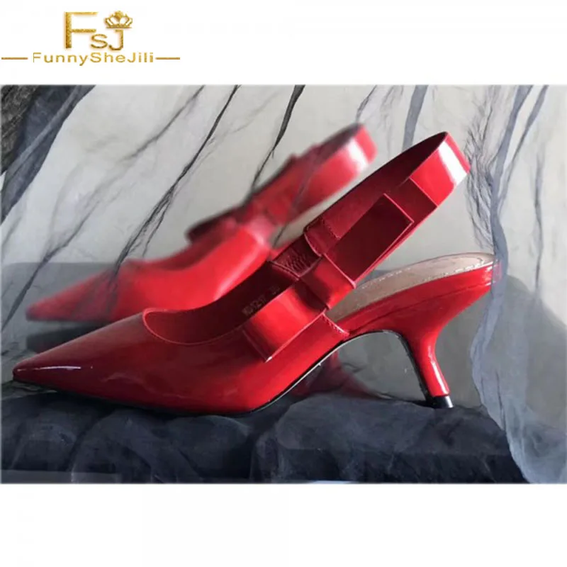 

Women Shoes Ladies Pumps Red Patent Leather Slingback Heels Pointy Toe Bow 2021 Spring Autumn Plus Size Shoes11 12 13