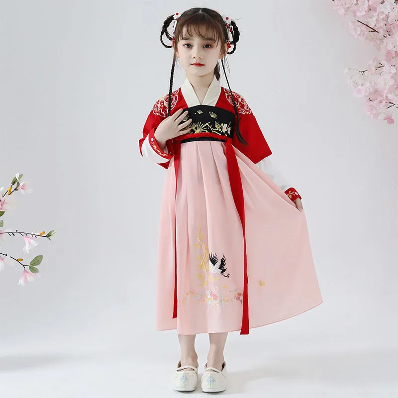 Red Старинный китайский костюм Hanfu и традиционная одежда для девочек детское летнее платье в китайском стиле народный танцевальный костюм DQL902 - Цвет: Red