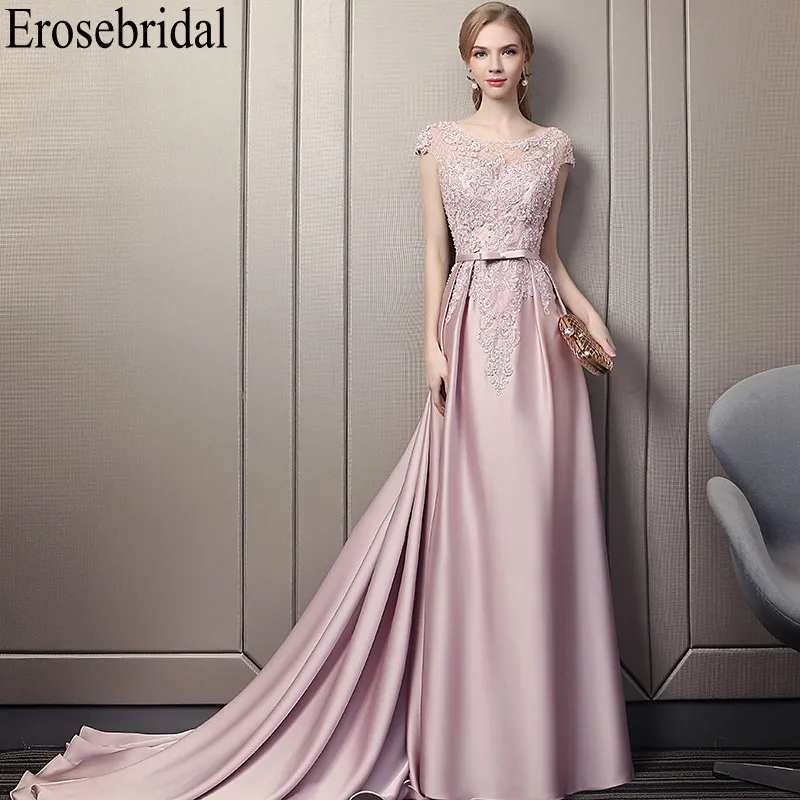 Erosebridal, розовое сатиновое вечернее платье, длинное,, официальное, для женщин, для выпускного вечера, для вечеринки, одежда с маленьким шлейфом, кружевное, расшитое бисером, с корсетом