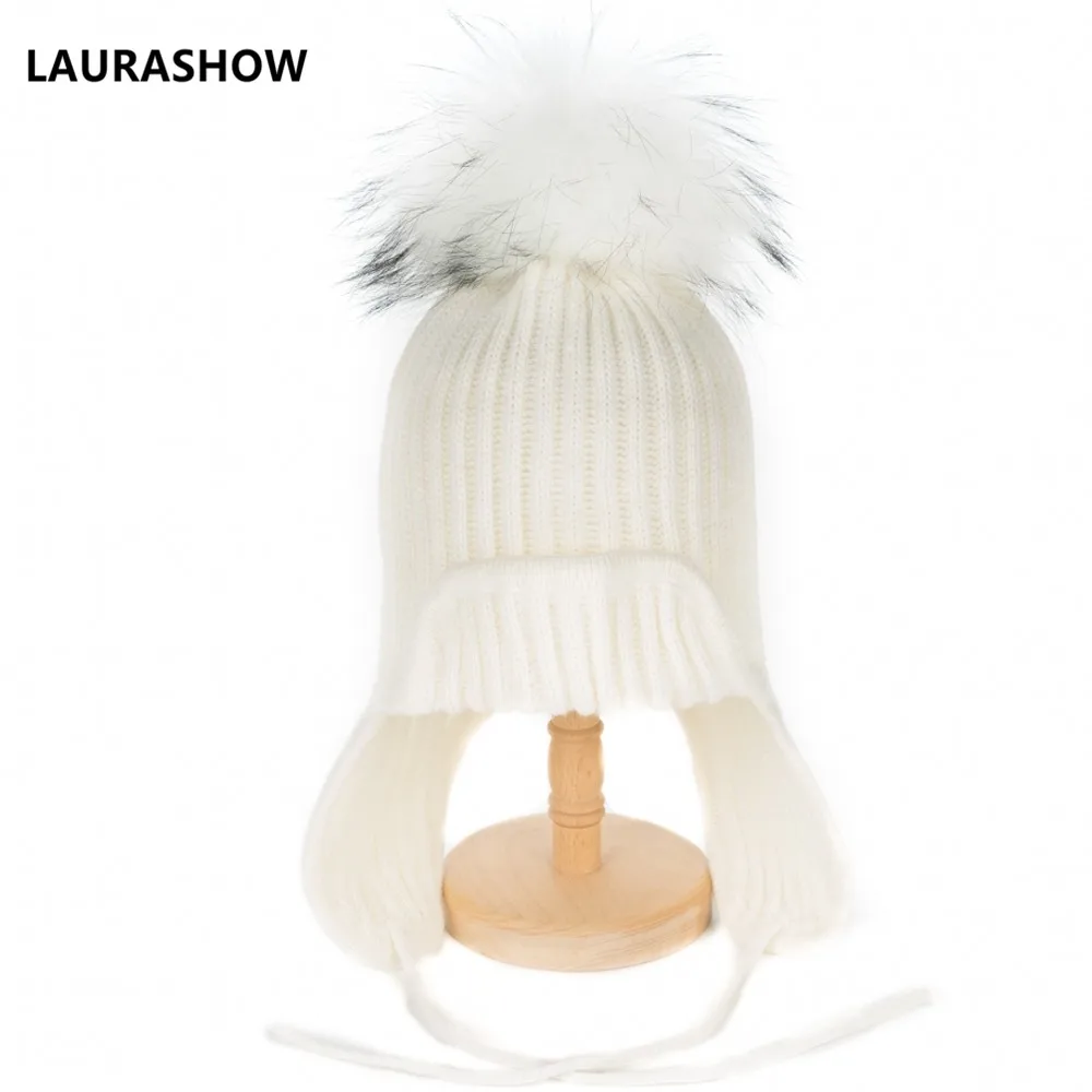 46-56cm LAURASHOW/зимняя детская шапка с меховым помпоном для детей, От 3 до 12 лет зимняя теплая шапка Skullies из 30% шерсти - Цвет: 46-56cm