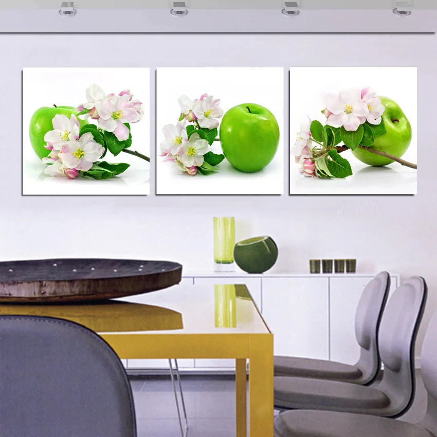 

2018 Home Decor Canvas Painting 3 Panel Wall Art Green Apple And Pink Flower Decorative Pictures On The Walls No Framed