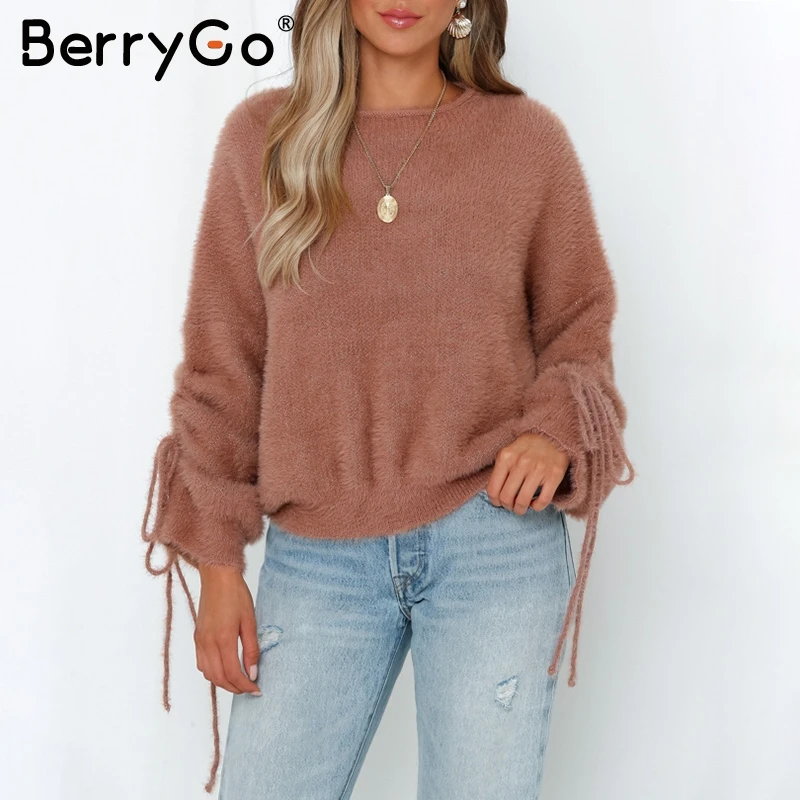 BerryGo Lace up soft mohair pullover women sweater O neck drop sleeve sweaters female Casual streetwear ladies knitted jumpers | Женская