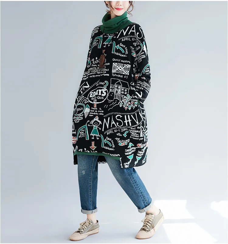 Осенне зимние женские Модные Винтажные топы с мультяшным принтом размера плюс