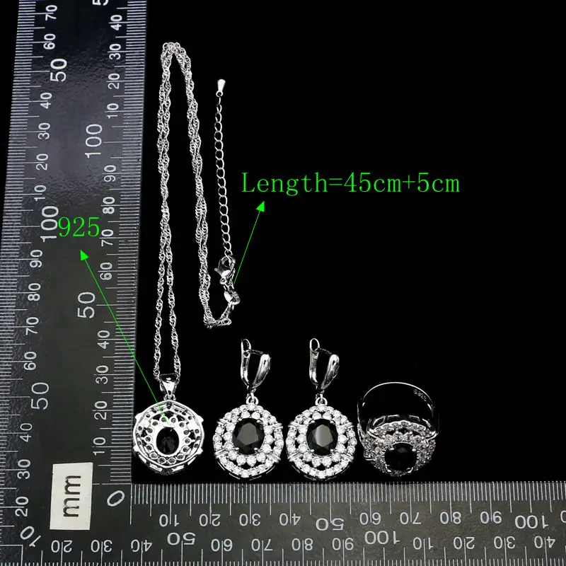 Round 925 Sterling Silver Jewelry Sets For Women Black Cubic Zirconia White Crystal Earrings/Pendant/Necklace/Ring/Bracelet | Украшения и
