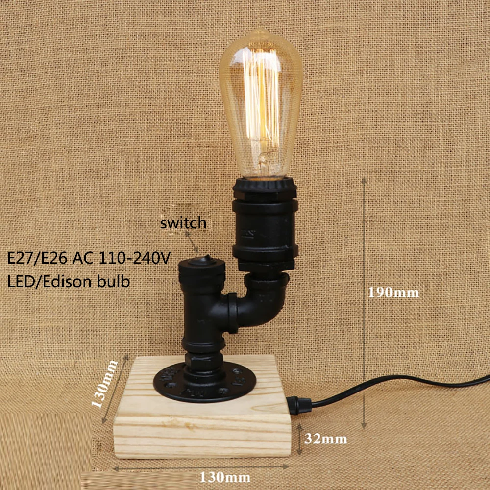 Черная винтажная деревянная настольная лампа в стиле стимпанк с выключателем