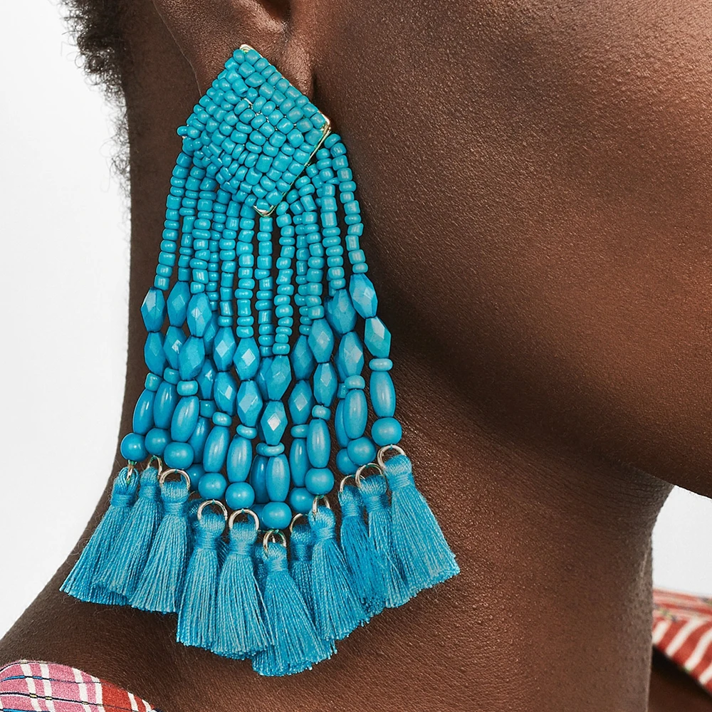 Dvacaman большие Свинг Висячие Серьги Boho Этнические бисерные подвески серьги большие кисточки бахрома массивные ювелирные изделия аксессуары