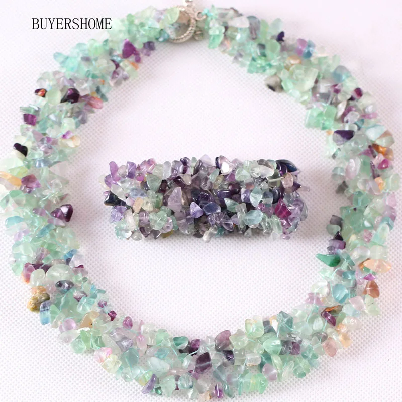 Fluorite Женский комплект ювелирных изделий неправильной формы чип бусины натуральный камень говлит гранат оникс флюоритовый кварц Кристалл Опал ожерелье браслет - Окраска металла: Fluorite